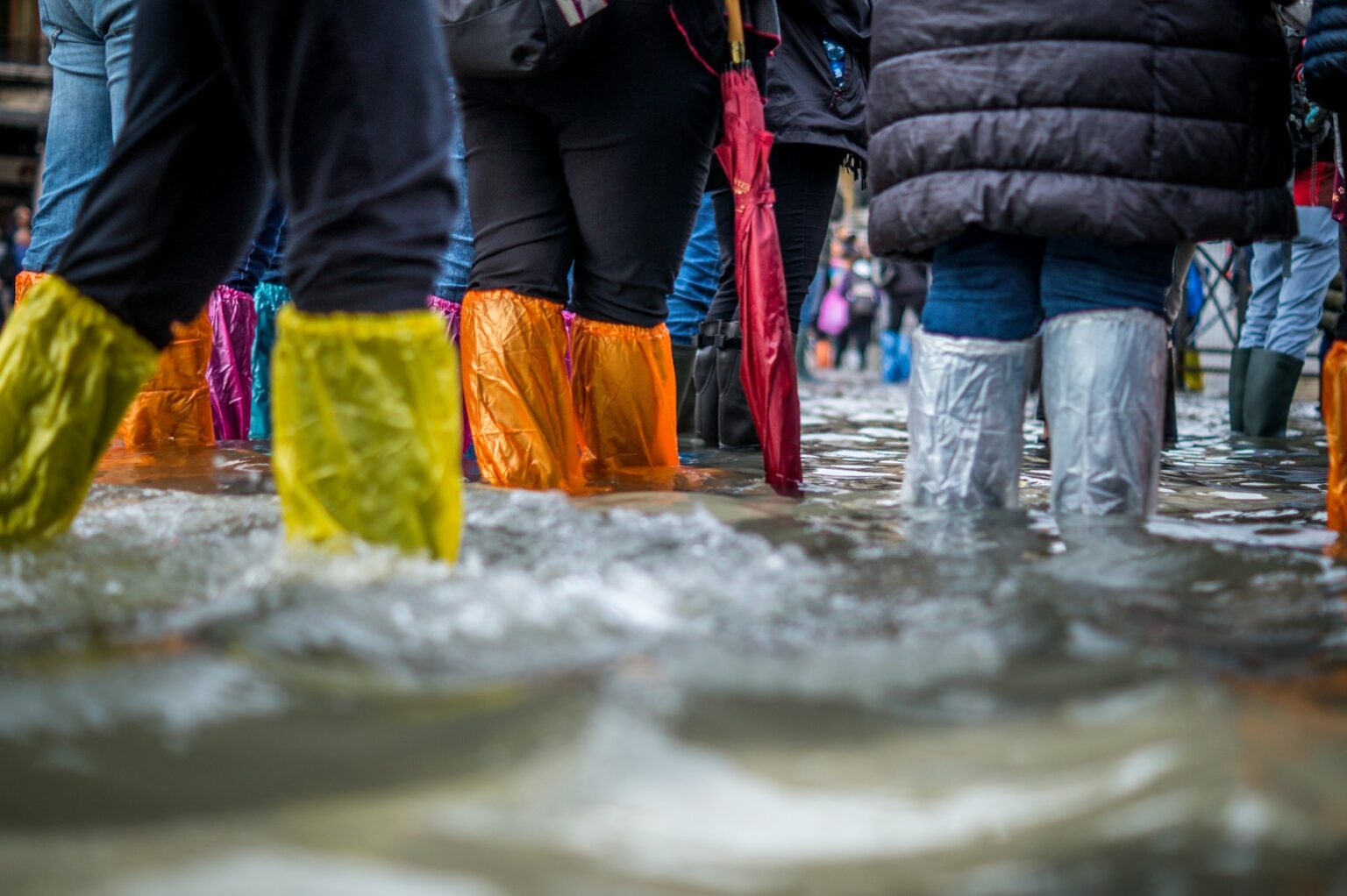Relief workers in floodwater